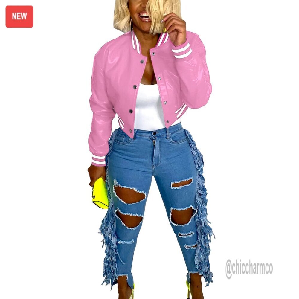 Faux Leather Moto Bomber Jacket Cropped with Pockets